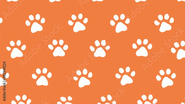 Fototapeta Repeating white paw print pattern on bright orange background