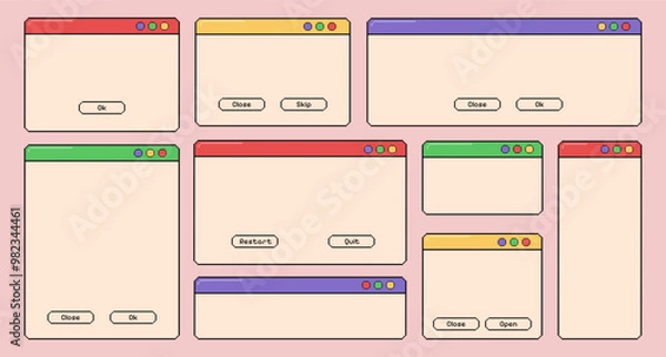 Obraz Empty pixel computer screens and templates, set of vintage opened pc windows, blank user interface. Vector illustration.