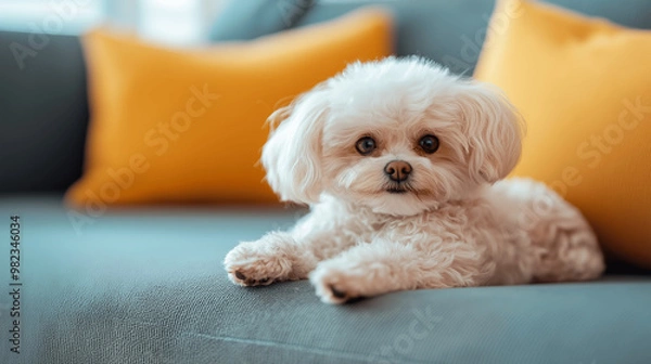 Obraz Adorable white fluffy dog resting on a couch with yellow pillow