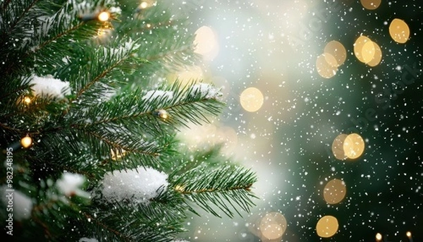 Fototapeta Beautiful green christmas tree branches with snow and bokeh lights background. Close-up