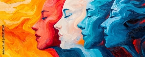 Fototapeta Colorful abstract painting featuring four female profiles representing diverse emotions and themes of harmony and contrast.