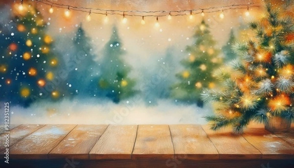 Fototapeta Wooden tabletop with Christmas lights and decorated trees in the background