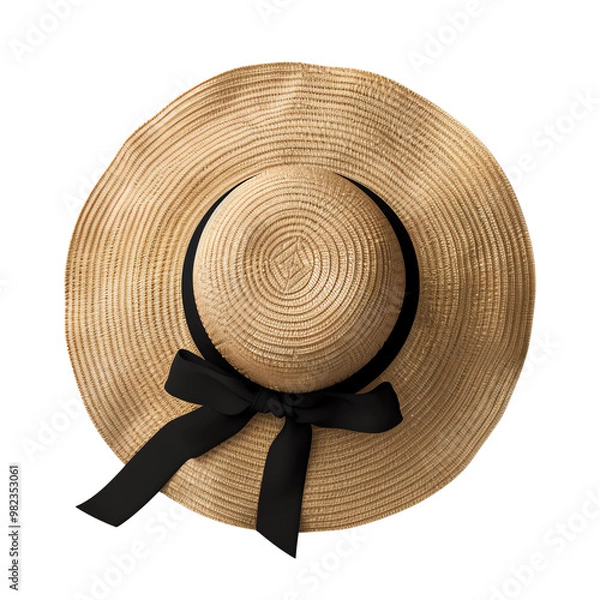 Fototapeta Elegant straw hat with a wide brim and black ribbon band, perfect for summer outings, beach days, and stylish sun protection.