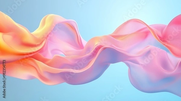Fototapeta Colorful flowing fabric waves in soft pastel tones against a serene blue background creating a tranquil and artistic atmosphere