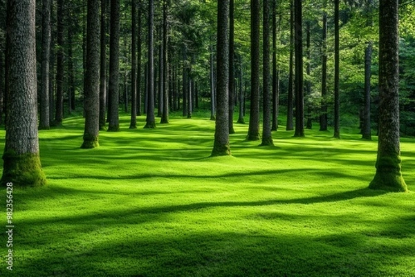 Fototapeta A serene forest with tall, evenly spaced trees casting long shadows on a vibrant, moss-covered ground