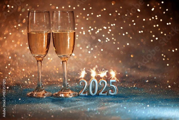 Obraz 2025 Nowy Rok. Kartka z życzeniami szczęśliwego nowego roku 2025. kieliszki do szampana na brokatowy tle, new year