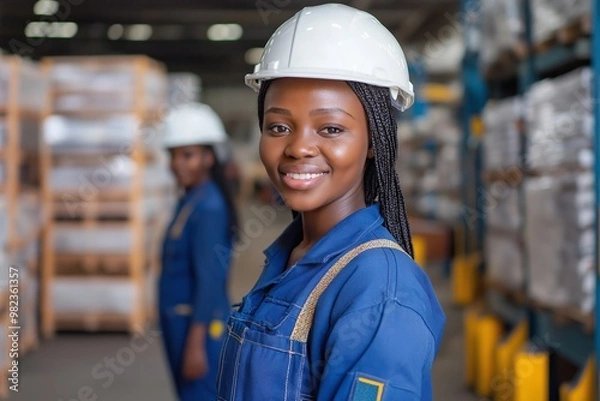 Fototapeta A woman wearing a blue uniform and a hard hat is smiling. She is standing in a warehouse
