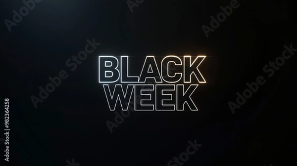 Fototapeta Black Week banner with glowing white and gold outlined text on a dark background, minimalist design