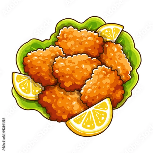 Fototapeta Japanese Karaage Chicken Menu illustration vector. Japanese Fried Chicken icon menu. 
Crispy Fried Chicken Marinated in Green Lettuce and Lemon. 
Traditional Japanese Snack Crispy Fried Chicken Bites.