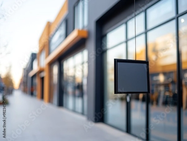 Fototapeta Blank sign hanging in front of a storefront on a city street.