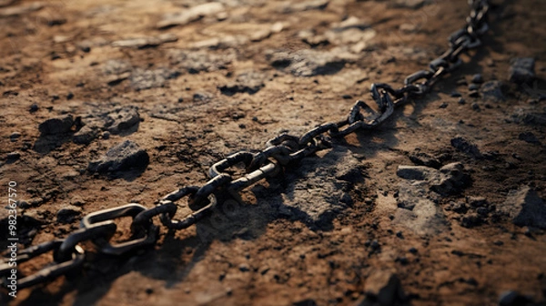Fototapeta A broken chain lies on the ground, symbolizing freedom and loss in a rugged environment filled with dirt and gravel