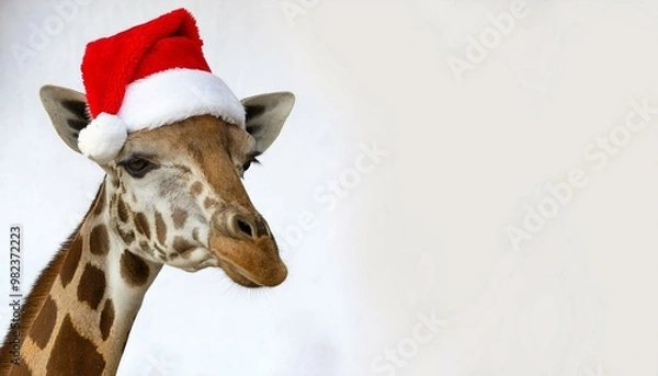 Fototapeta giraffe with santa claus hat smile with christmas background themes 