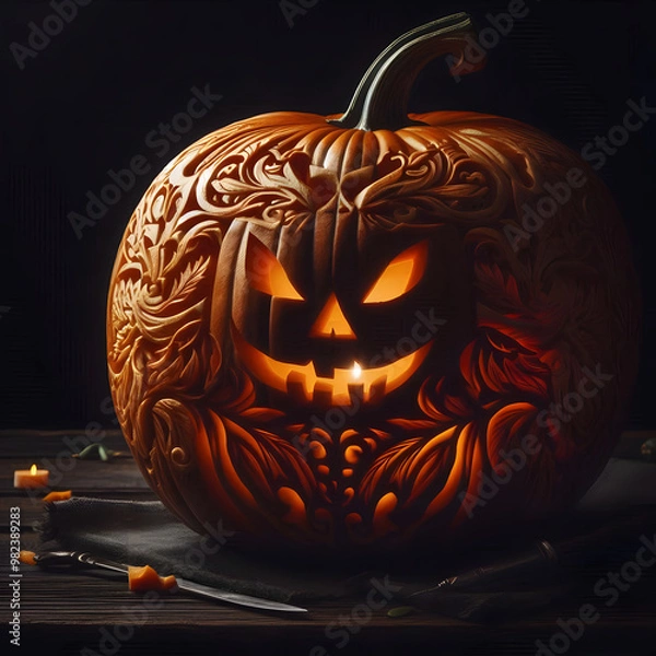 Obraz Halloween pumpkin background featuring spooky jack-o-lanterns on a black backdrop, perfect for autumn celebrations	