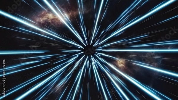 Fototapeta Dynamic image of blue light streaks radiating from a central point creating an impression of high-speed movement or hyperspace travel