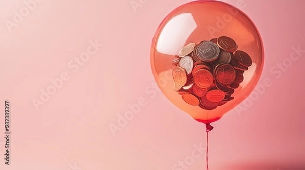 Fototapeta Balloon filled with coins on a pink background, symbolizing financial inflation and rising costs in a creative and impactful way.