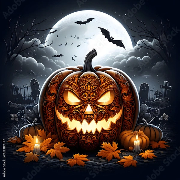 Obraz Halloween pumpkin background featuring spooky jack-o-lanterns on a black backdrop, perfect for autumn celebrations	