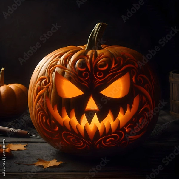 Obraz Halloween pumpkin background featuring spooky jack-o-lanterns on a black backdrop, perfect for autumn celebrations	