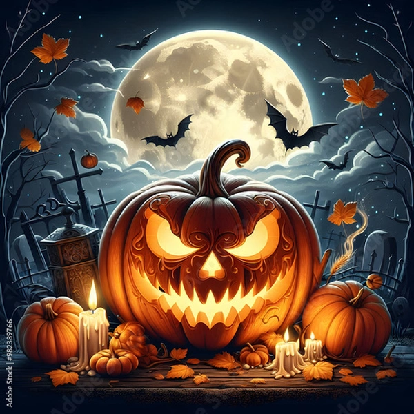 Obraz Halloween pumpkin background featuring spooky jack-o-lanterns on a black backdrop, perfect for autumn celebrations	