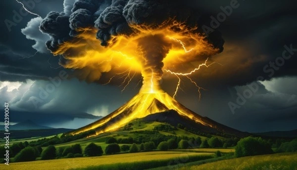 Obraz burning volcano in the clouds