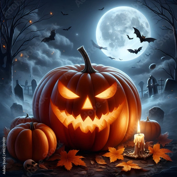 Obraz Halloween pumpkin background featuring spooky jack-o-lanterns on a black backdrop, perfect for autumn celebrations	