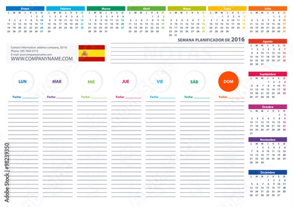 Fototapeta 2016 Spain Week Planner Calendar Vector Design Template