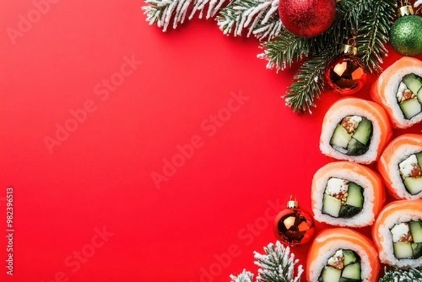 Fototapeta Festive Salmon Sushi Rolls with Christmas Decorations on a Red Background