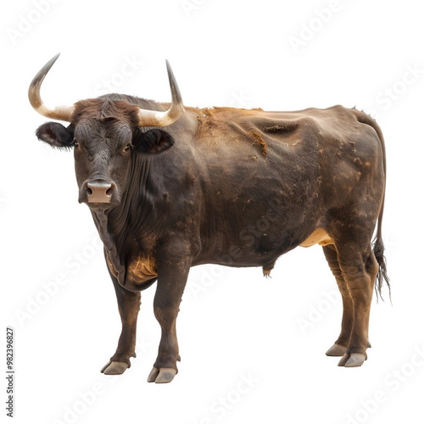 Fototapeta Magnificent brown bull with big curved horns stands proudly against a clear background. Its strong body and focused stare demand notice