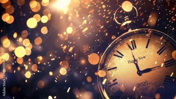 Obraz New Yearâ€™s Eve banner, "Happy New Year 2025" in bold white, clock at midnight, spacious copy space, dark elegant background, glowing details. 