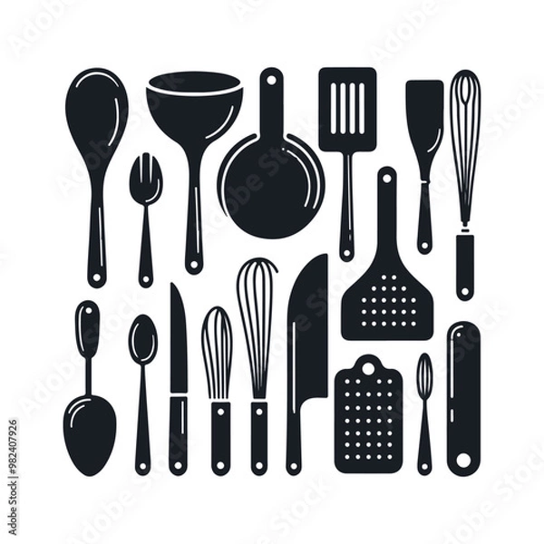 Fototapeta Set of kitchen utensils silhouette vector art illustration on a white background