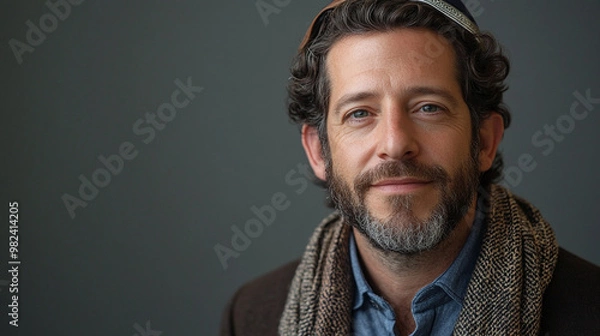 Fototapeta Portrait of jewish man in his 30s with a calm expression wearing kippa kippah