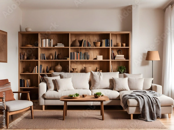 Fototapeta Spacious, warm living room with linen sofa and handmade bookcase