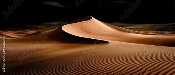 Fototapeta ImageStunning Desert Landscape at Sunset Majestic sand dunes with flowing curves set against rugged mountain formations capturing the vast beauty and tranquility of a desert oasis in soft evening ligh