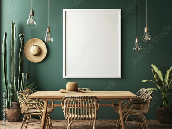 Fototapeta Interior of a room with white frame on wall, green walls, table and chairs. Created with Ai