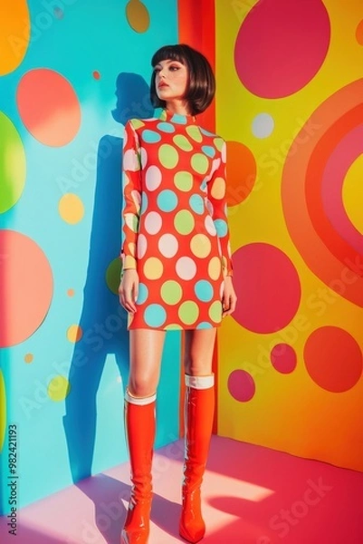 Fototapeta Vibrant Polka Dot Dress Worn by Fashionable Woman in Studio with Colorful Abstract Background
