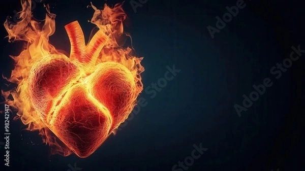 Fototapeta Neon heart on fire, with flickering red and orange lights, creating a dynamic and passionate visual on a dark background
