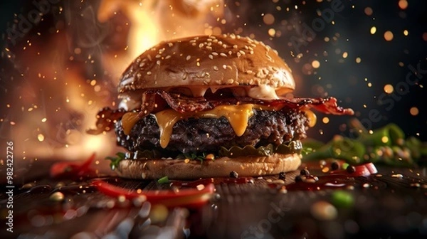 Fototapeta Cheeseburger with Bacon and Fire Background.