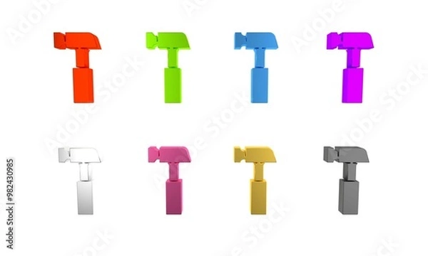 Fototapeta Colorful Hammer icon isolated on white background. Tool for repair. Minimalism concept. 3D render illustration
