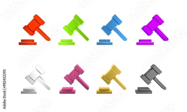 Fototapeta Colorful Judge gavel icon isolated on white background. Gavel for adjudication of sentences and bills, court, justice. Auction hammer. Minimalism concept. 3D render illustration