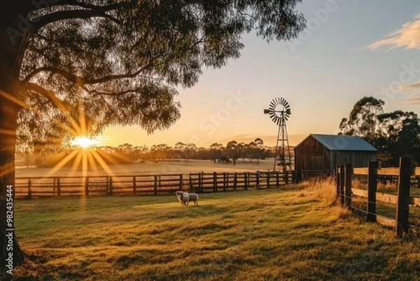 Fototapeta A beautiful sunset over an Australian farm with a windmill and sheep