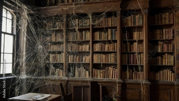 Fototapeta old library with spider webs 