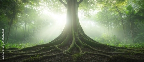 Fototapeta A large tree with its roots visible in the foreground