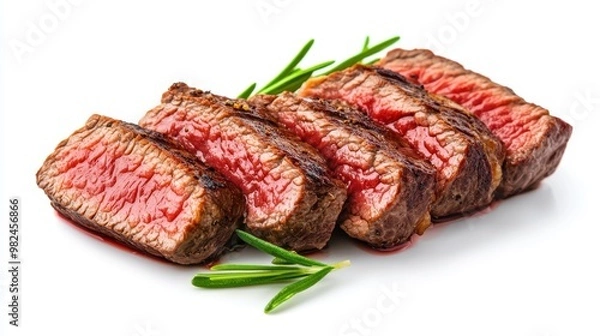 Obraz Sliced beef steak, medium-rare, juicy and tender, isolated on a white backdrop.