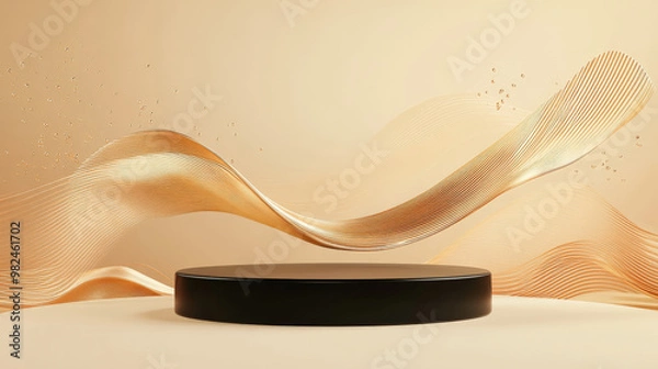 Fototapeta A modern 3D podium with a sleek black base, surrounded by floating abstract shapes and wavy lines in warm golden and brown tones, set against a beige backdrop.