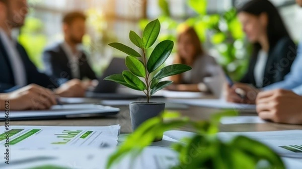 Obraz Business team reviewing green investment reports in a meeting room, focus on eco-friendly growth, Green investments initiative