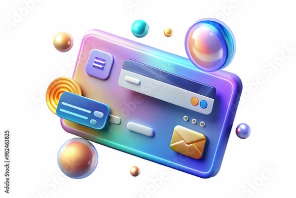 Fototapeta Holographic Credit Card Floating on Glossy White Background Surrounded by Payment Icons - Modern Tech Savvy Design for Financial Transactions with Copy Space