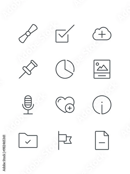 Fototapeta Pencil brush, Photo, Pie chart, Pin, Quote, Refresh, Resize, set of icons for web design, vector illustration