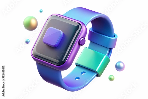 Fototapeta Vibrant Flat Holographic Smartwatch with Floating Payment Icons on Glossy White Background - Ideal for Digital Finance Branding