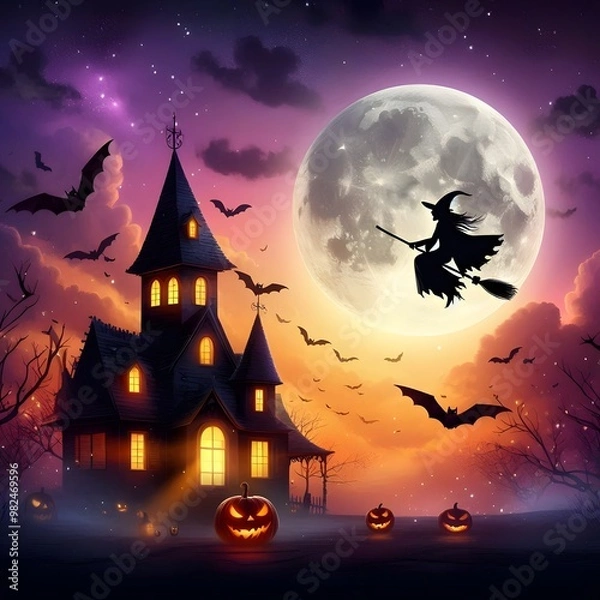 Fototapeta Black and orange Halloween night sky with spooky haunted house and flying bats