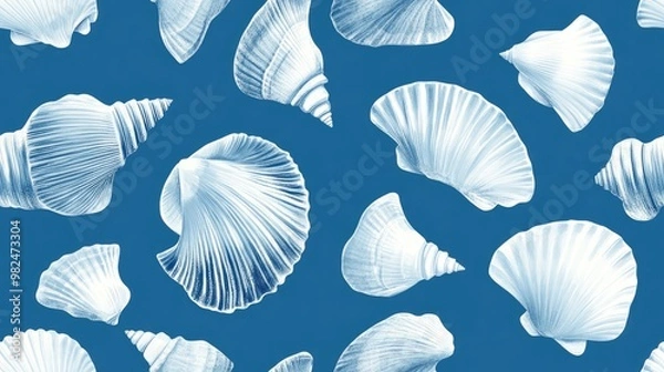 Fototapeta Seamless blue pattern featuring seashells