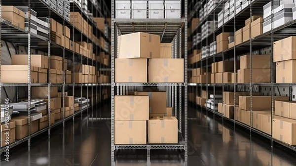 Obraz A virtual warehouse mockup with cardboard boxes stacked in an orderly fashion on metal shelving units, highlighting space management.